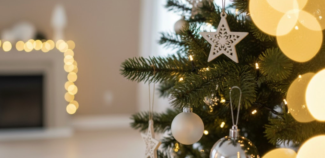 Nahaufnahme von grünem Tannenbaumschmuck. Ein weißes Tannenbaum-Ornament hängt an einem Zweig, beleuchtet von warmen, unscharfen Lichtern.
