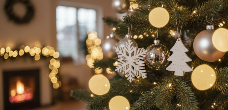 Weihnachtsbaum in einem Wohnzimmer mit Kamin und Fenster im Hintergrund , skandinavischen Raum mit hellem Sofa, Kamin und goldglänzenden Weihnachtslichtern und Weihnahctsstern.